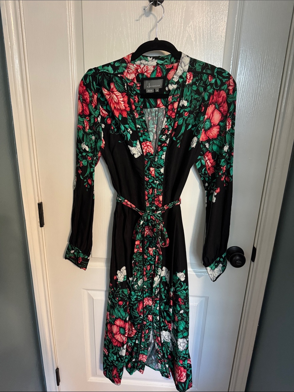 Anthropologie Black Floral Wrap Dress with Red & Green Accents